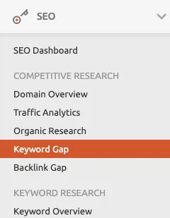 Screenshot showing the location of the Keyword Gap tool in SEMrush