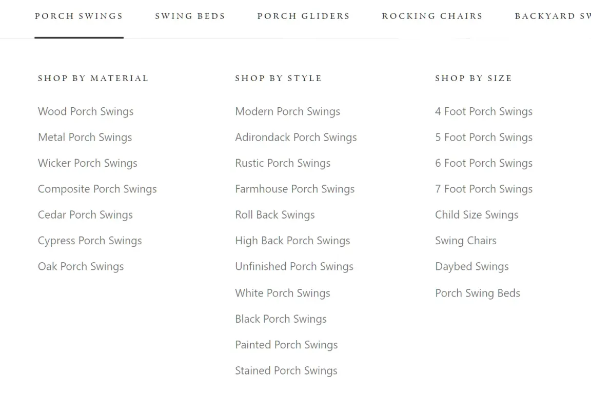 Collection structure with shop by material, style, and size options