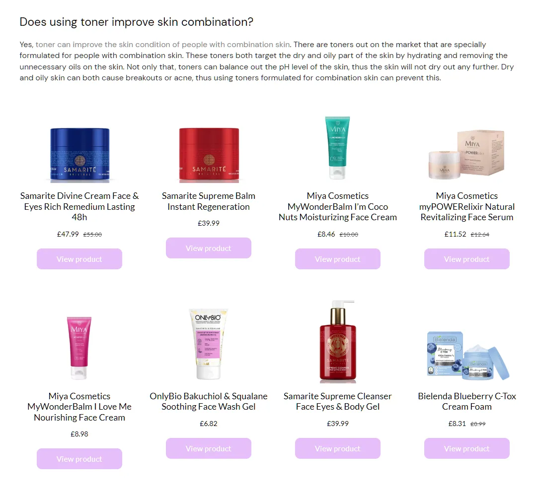 RoxieCosmetics example showing multiple featured products below blog content.