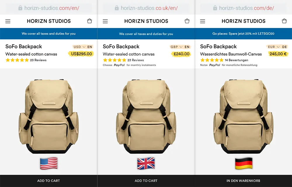Example of a multi-currency Shopify store setup.