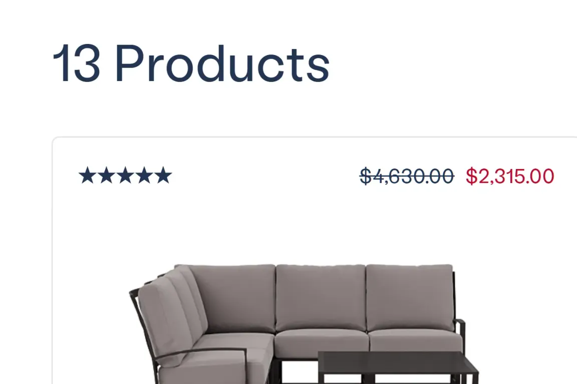 Product listing showing 13 products with pricing and ratings