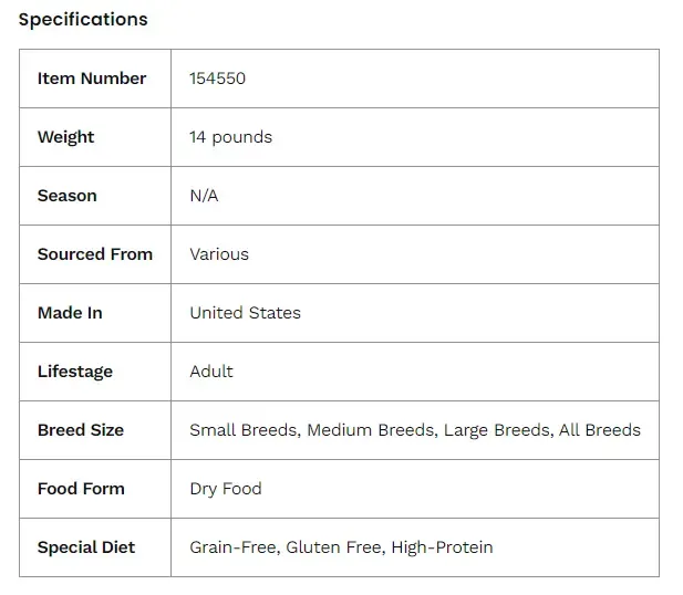 Example of product specifications table