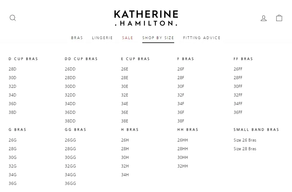 Example of a 'Shop by Size' menu for lingerie products