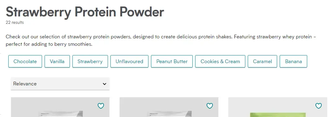 Example of internal links from a chocolate protein powder category to related subcategories like 'Vegan Chocolate Protein'