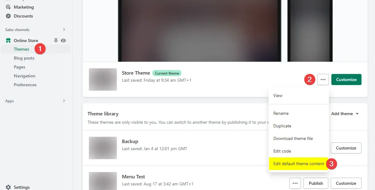 Screenshot of Shopify default theme content settings