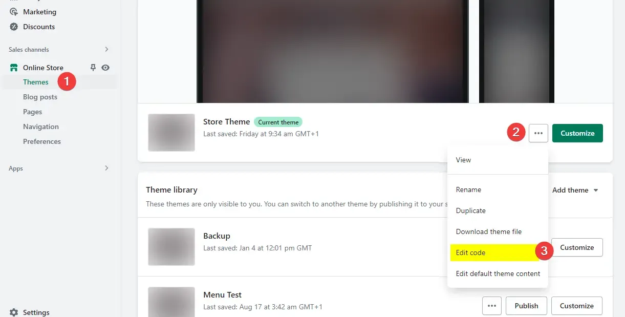 Screenshot showing how to access Shopify theme code editor