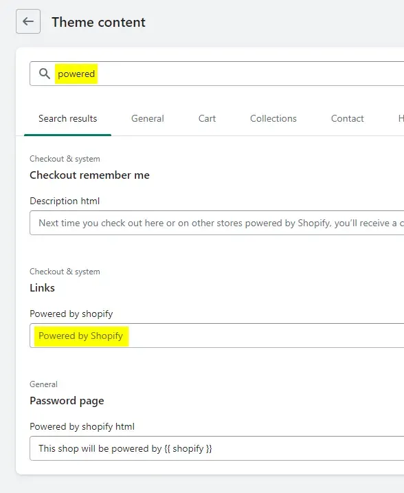 Screenshot of editing default theme content in Shopify