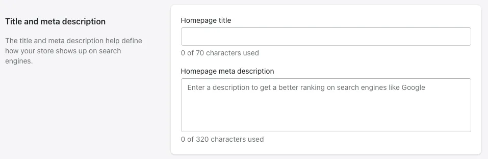 Shopify admin interface for editing homepage title and meta description
