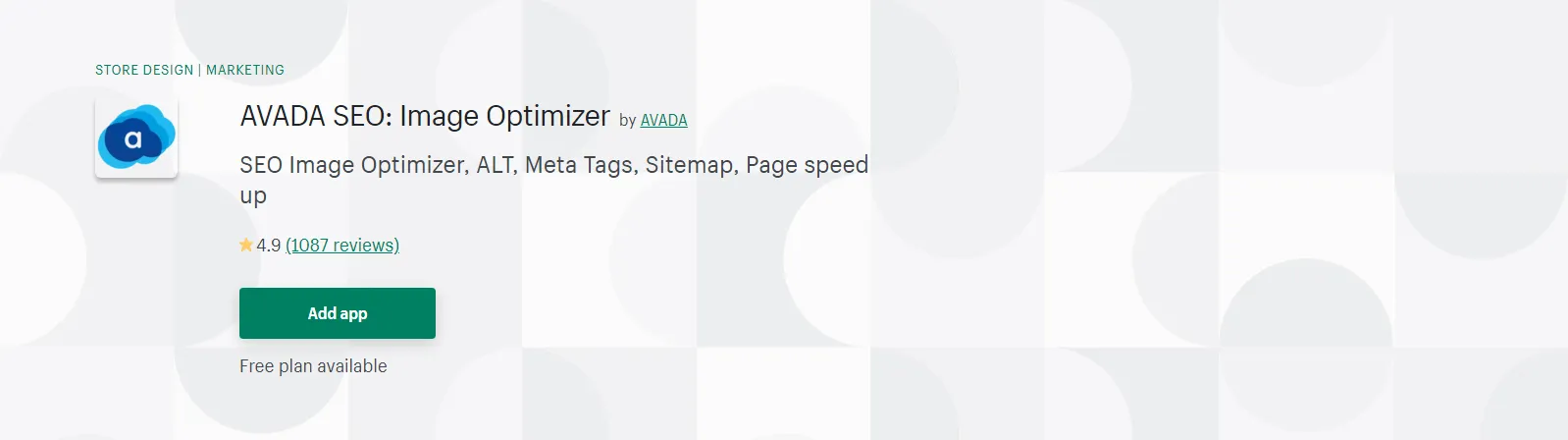 Screenshot of the AVADA SEO: Image Optimizer app listing on the Shopify App Store.