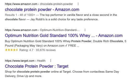 Screenshot of Google search results for 'chocolate protein powder'.