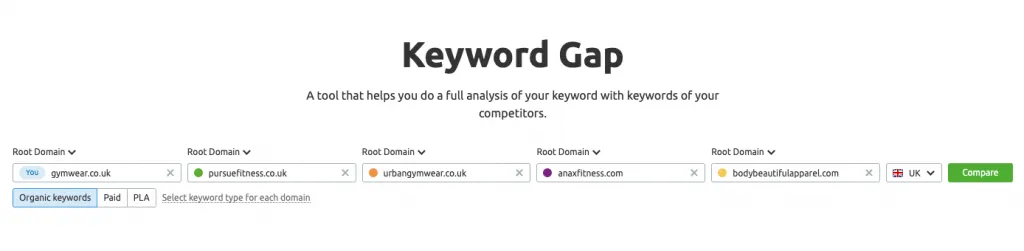 Screenshot of the SEMrush Keyword Gap tool configuration input fields