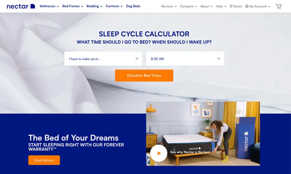 Screenshot of the Nectar Sleep Calculator tool on their website.