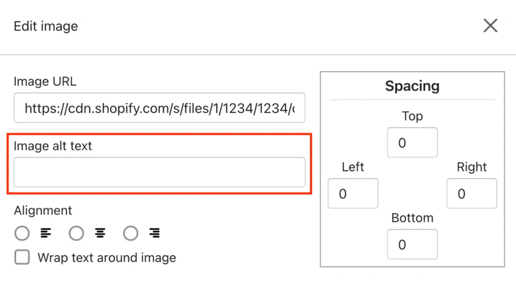 Screenshot showing where to set alt text for an image in Shopify.