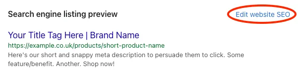 Screenshot showing the 'Edit website SEO' link in Shopify.
