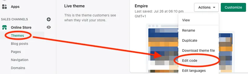 Screenshot showing how to access the theme code editor in Shopify.