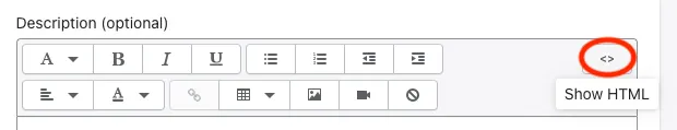 Screenshot showing how to switch to HTML/code mode in the Shopify page editor.