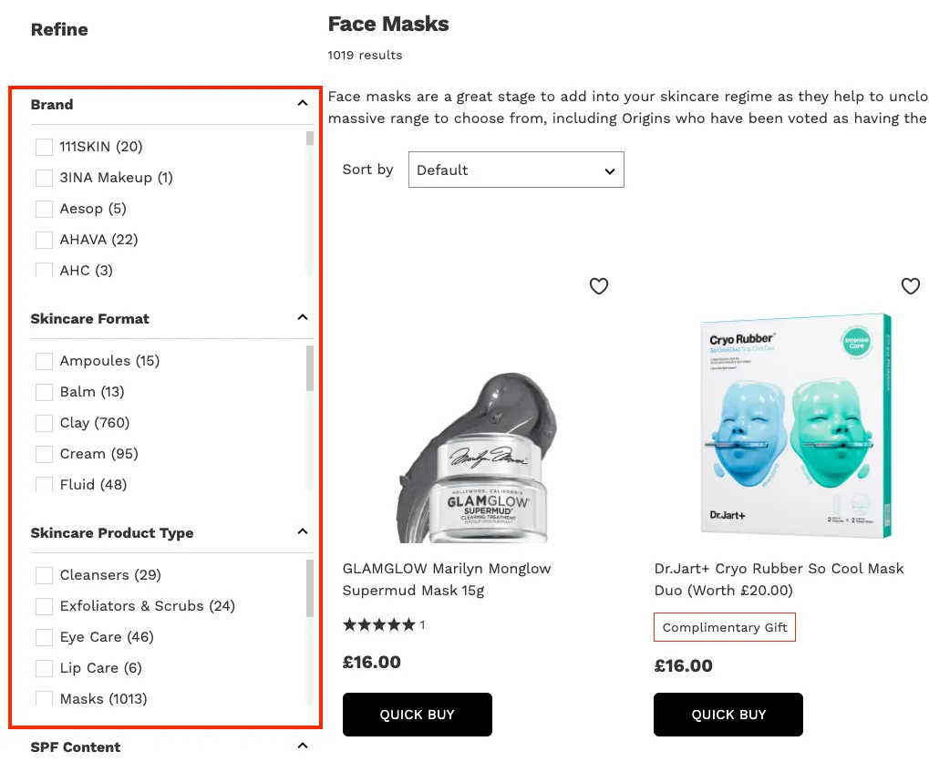 Example of faceted navigation using product tags for filtering