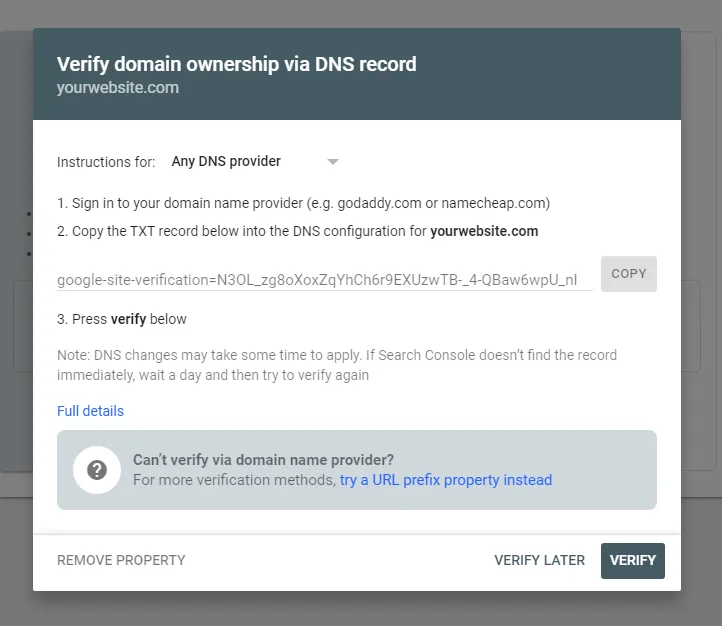 Google Search Console domain verification step