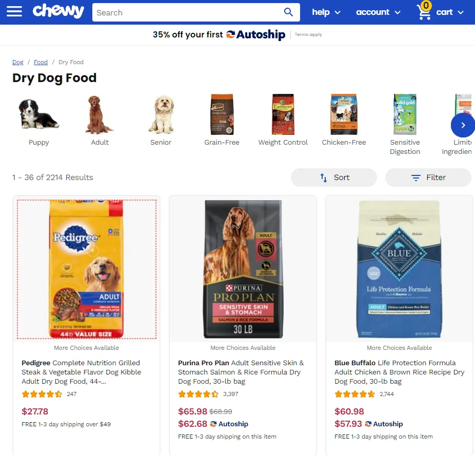 Screenshot showing products with additional sub-collection filtering above