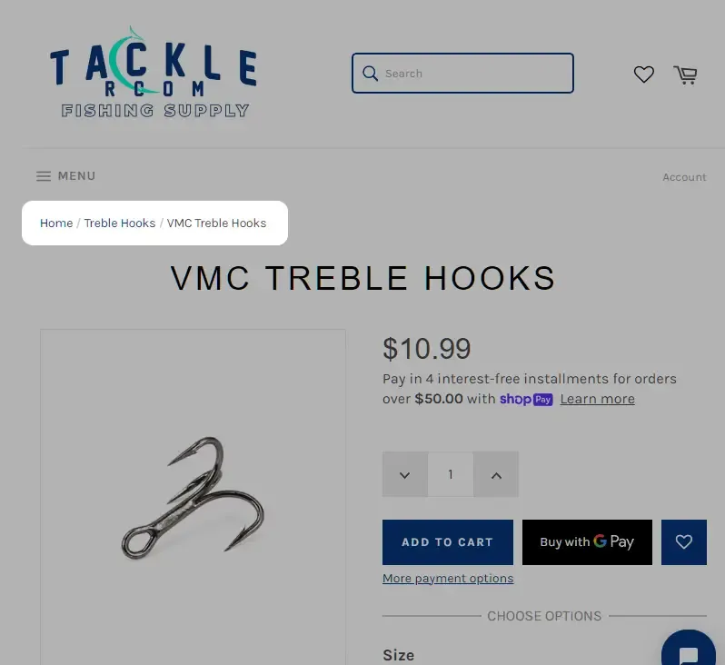 Screenshot of breadcrumbs on The Tackle Room website