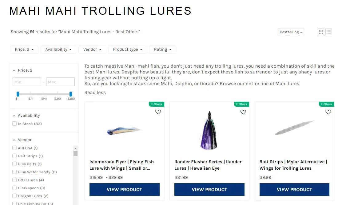 Screenshot of The Tackle Room collection page for Mahi Mahi Lures
