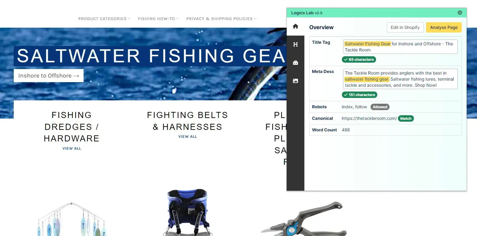 Screenshot of The Tackle Room homepage H1 tag