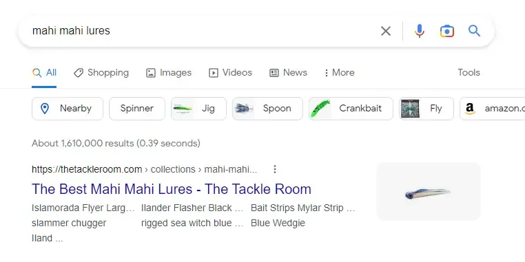 Screenshot of The Tackle Room Google rankings for relevant keywords
